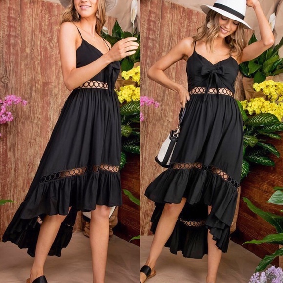 Tie Front Lace High Low Maxi Dress Black - Picture 2 of 8